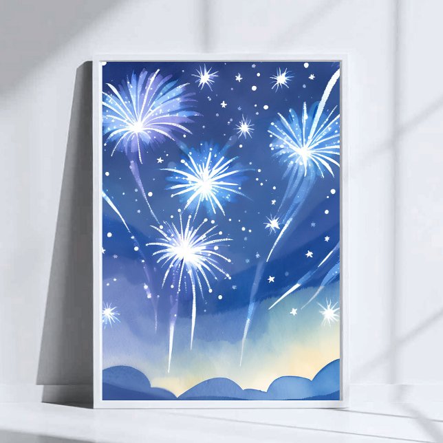 Poster Blue Fireworks | Firework Celebration Watercolor (Criador carregado)