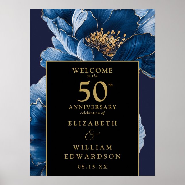 Poster Blue Floral Black e Dourado Sinal de 50º aniversár (Frente)