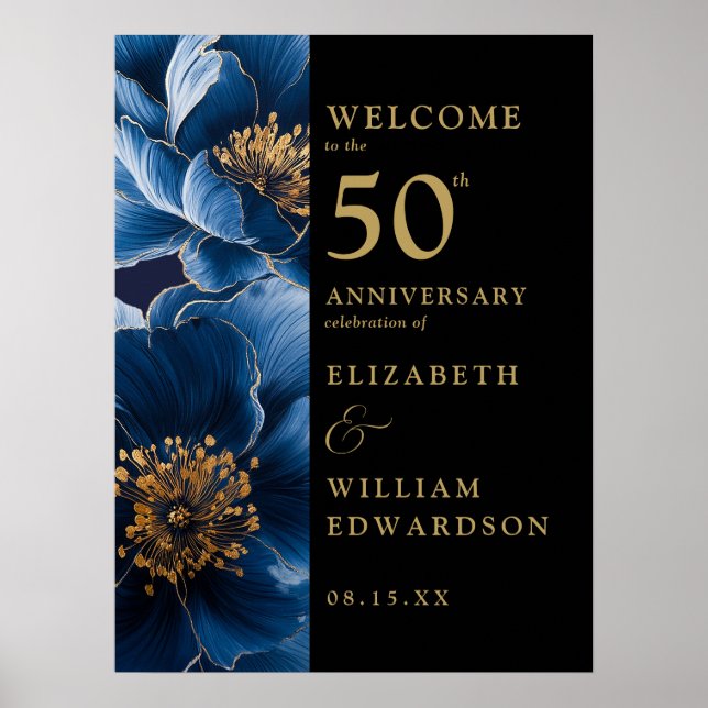 Poster Blue Floral Black - Sinal de 50 anos Dourado (Frente)