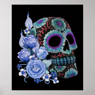 Poster Blue Floral Black Sugar Skull Day Of The Dead