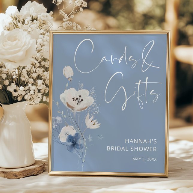 Poster Blue Floral Bridal Shower Cards and Gifts Sign (Criador carregado)