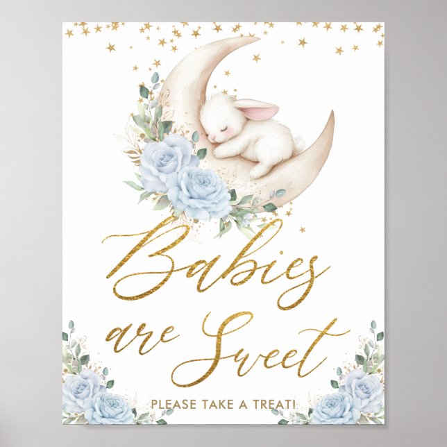 Poster Blue Floral Bunny Rabbit Moon Babies are Sweet  (Frente)