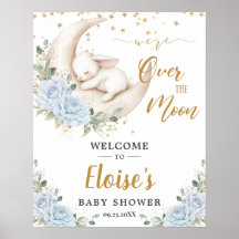 Blue Floral Bunny Rabbit Moon Baby Shower Welcome