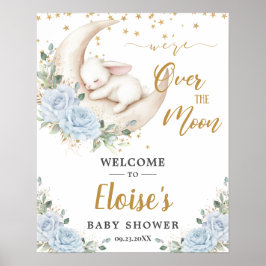 Poster Blue Floral Bunny Rabbit Moon Baby Shower Welcome