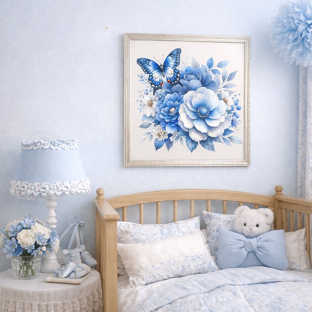 Poster Blue Floral Butterfly Cottage  (Dusty and navy blue floral and butterfly wall art)