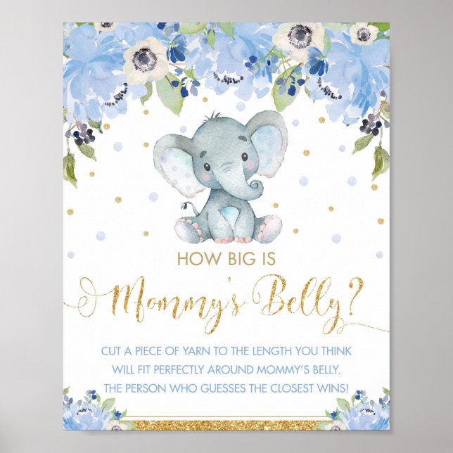 Poster Blue Floral Elephant How Big is Mamãe Belly Game (Frente)