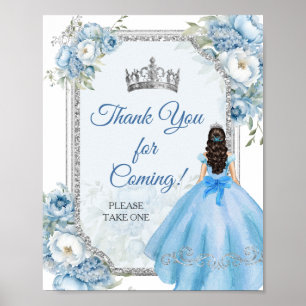 Poster Blue Floral Silver Crown Quinceañera Obrigado