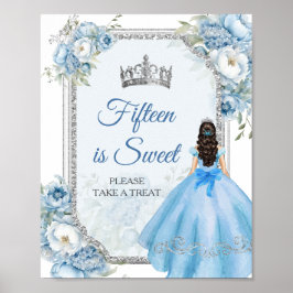 Poster Blue Floral Silver Quinceañera Quinze é Doce