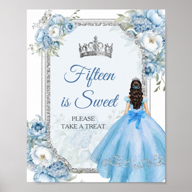 Poster Blue Floral Silver Quinceañera Quinze é Doce (Frente)