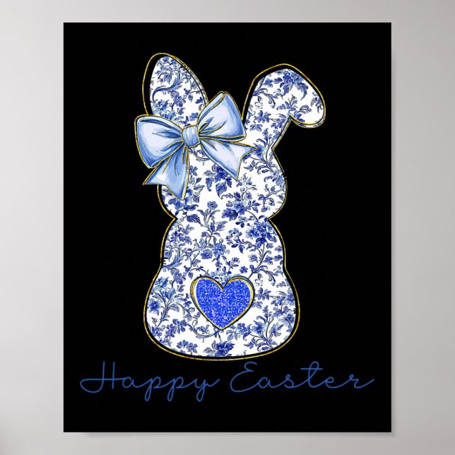 Poster Blue Floral Toile Chinoiserie Bunny Easter For Gir (Frente)