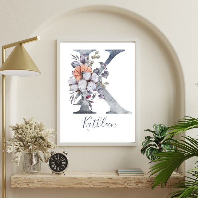 Poster Blue Floral Watercolor Monograma K (Monogram K Blue Floral Watercolor Wall Art. Printed or Digital.)