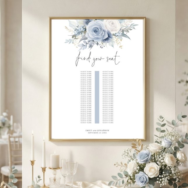 Poster Blue Florals Single Table Wedding Seating Chart (Criador carregado)
