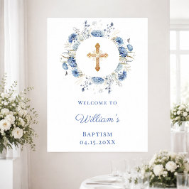 Poster Blue florals wreath boy Baptism welcome