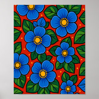 Poster Blue Flowers and Green Leaves on a Red Background