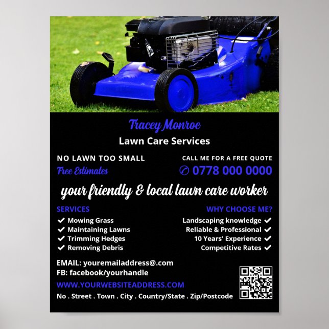 Poster Blue Garden Lawn-Mower, Serviços de Cuidados Lança (Frente)