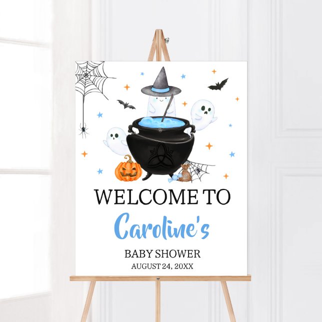 Poster Blue Ghost Halloween Baby está sendo bem-vindo (Baby is Brewing Baby Shower Welcome Sign)