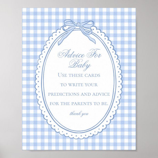 Poster Blue Gingham Coquette Bow Advice for Baby Shower (Frente)