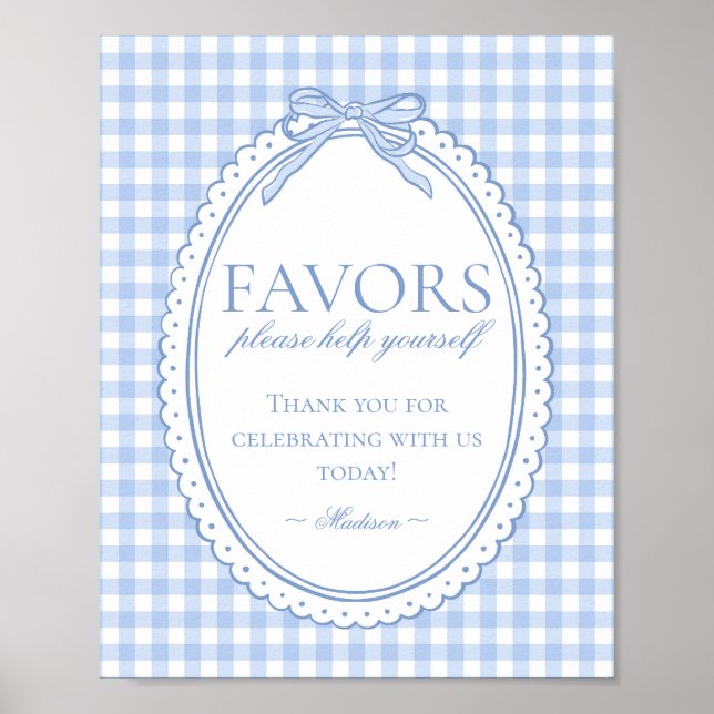 Poster Blue Gingham Coquette Bow Favors Sign (Frente)