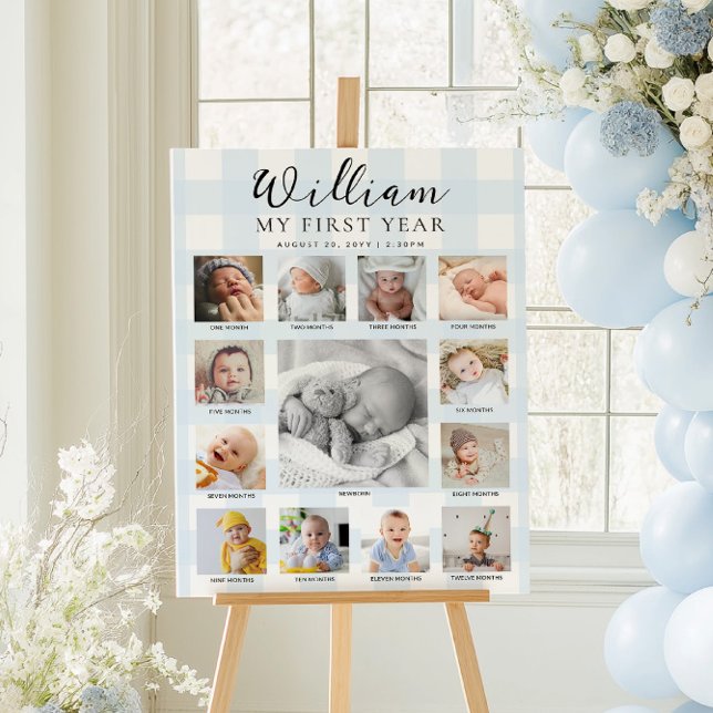 Poster Blue Gingham First Birthday Photo Timeline (Criador carregado)