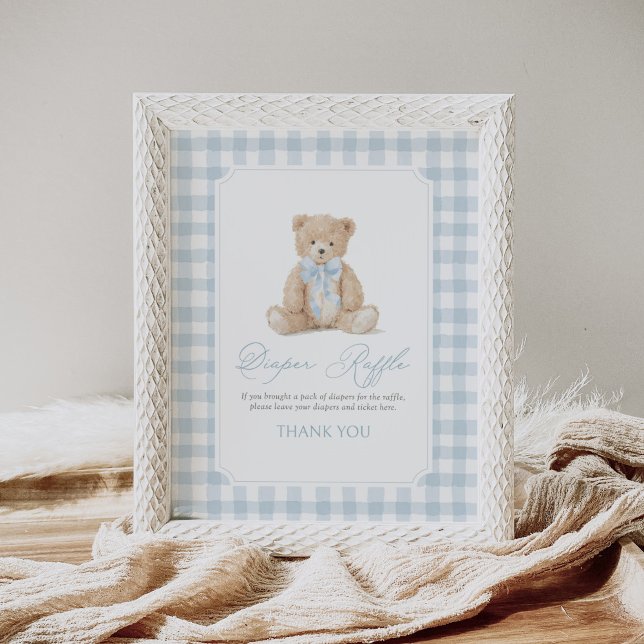 Poster Blue Gingham Teddy Bear Baby Shower Diaper Raffle (Criador carregado)