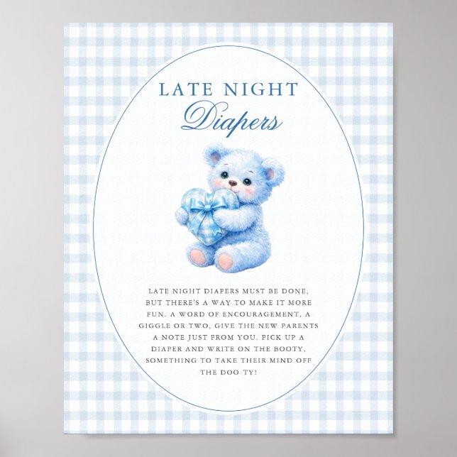 Poster Blue Gingham Teddy Bear Neutral Baby Shower (Frente)