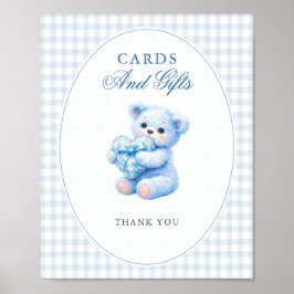 Poster Blue Gingham Teddy Bear Neutral Baby Shower