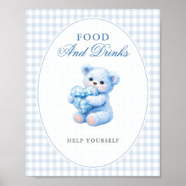 Poster Blue Gingham Teddy Bear Neutral Baby Shower