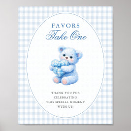 Poster Blue Gingham Teddy Bear Neutral Baby Shower