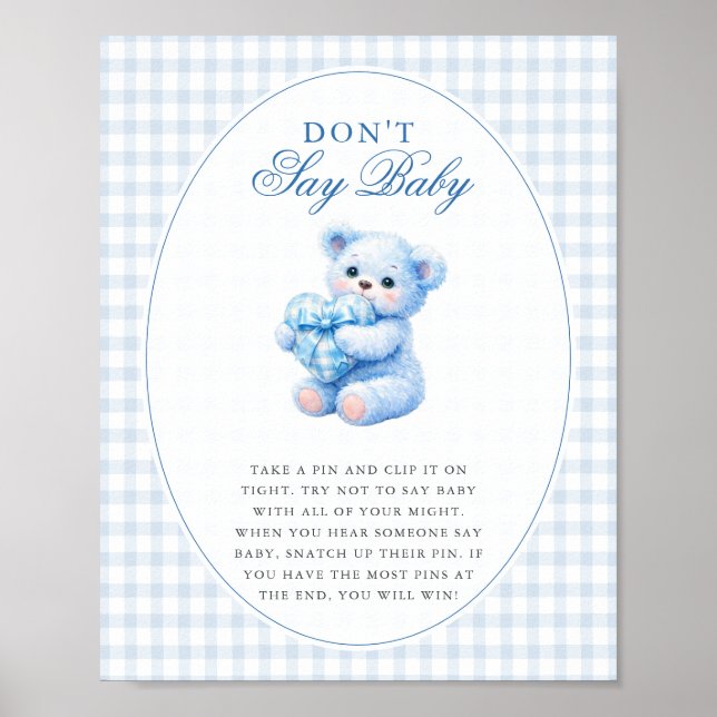 Poster Blue Gingham Teddy Bear Neutral Baby Shower (Frente)