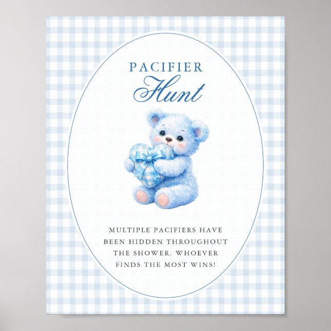 Poster Blue Gingham Teddy Bear Neutral Baby Shower (Frente)