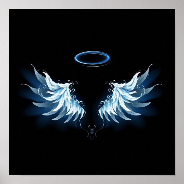Poster Blue Glowing Angel Wings on black background (Frente)