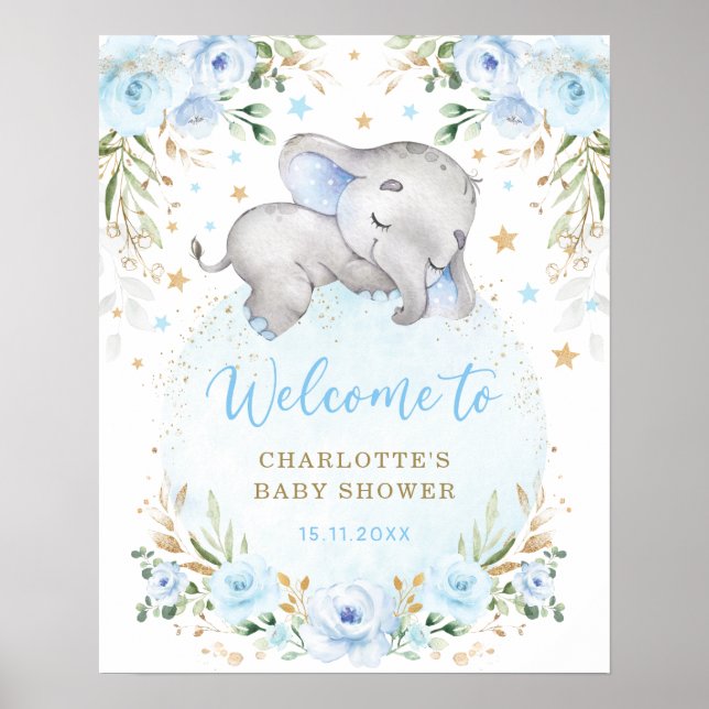 Poster Blue Gold Floral Elephant Boy Baby Shower Welcome (Frente)