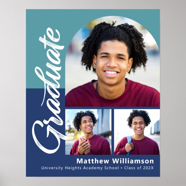 Poster Blue Graduation 3 Photo Bold Arch Script Modern (Frente)