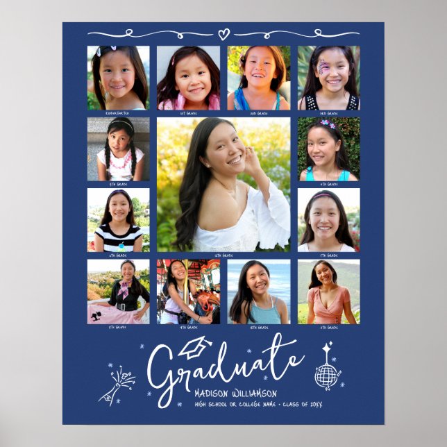 Poster Blue Graduation K–12 Photo Collage White Doodles (Frente)
