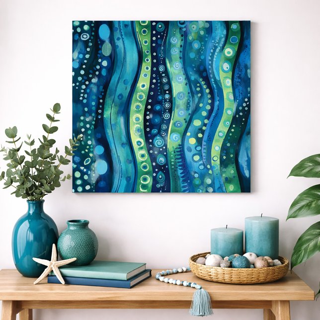 Poster Blue Green Abstract Wave Watercolor Wall Art (Blue and green abstract boho waves)