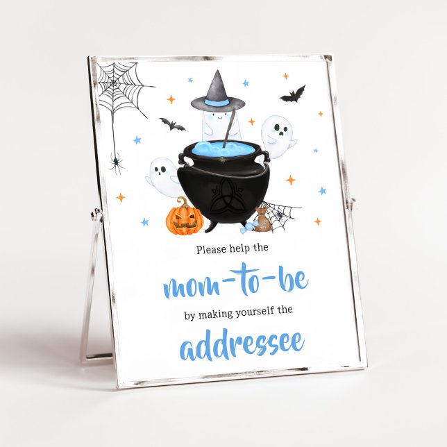 Poster Blue Halloween Baby está criando estação de envelo (Baby is Brewing Baby Shower Envelope Station Sign)