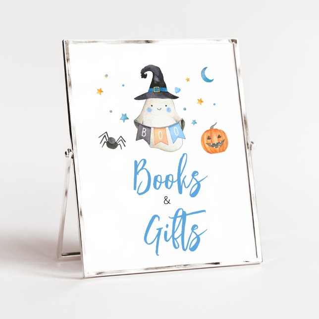 Poster Blue Halloween Ghost Little Books e presentes (Little Boo Baby Shower Books and Gifts Sign)