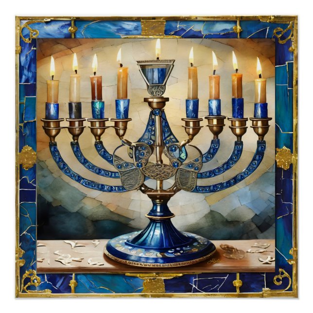 Pôster Blue Hanukkah Menorah (Frente)