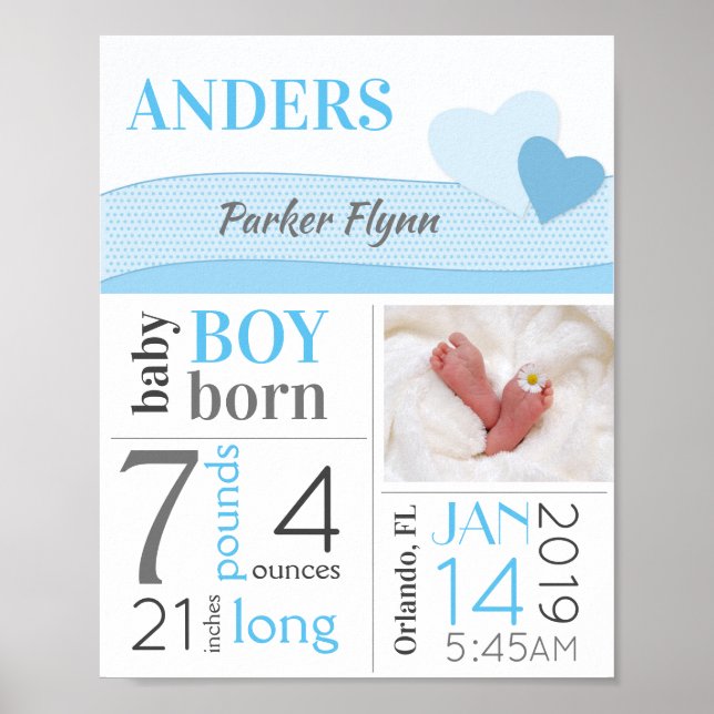 Poster Blue Hearts Baby Boy Birth Stats Sinal Anúncio (Frente)