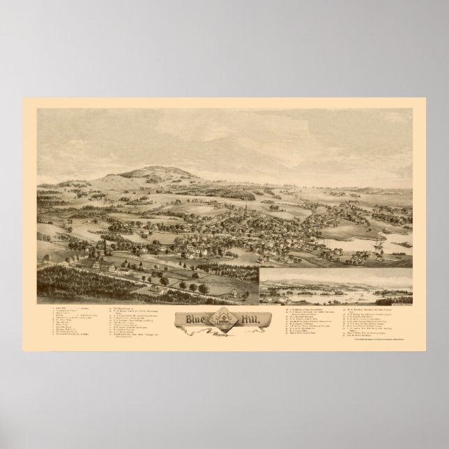 Poster Blue Hill, Map Panorâmico ME - 1896 (Frente)