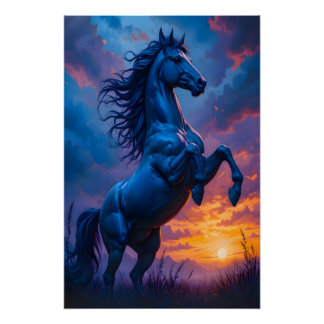 Pôster Blue Horse Sunset Fantasy Art Gift Glossy Poster 