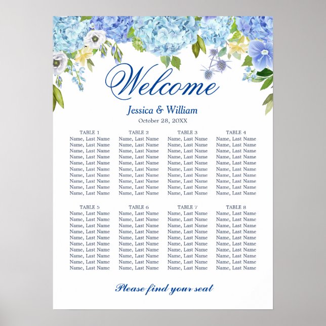 Poster Blue Hydrangea 8 Mesas GRÁFICO DE CASAMENTO (Frente)