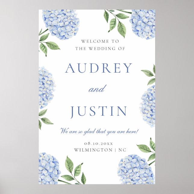 Poster Blue Hydrangea Classic Border, XL Wedding Welcome (Frente)