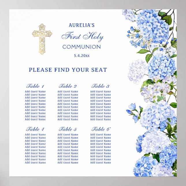 Poster Blue Hydrangea First Communion Seating Chart (Frente)