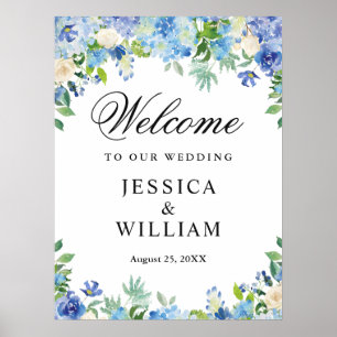 Poster Blue Hydrangea Greenery Chic Weding Welcome