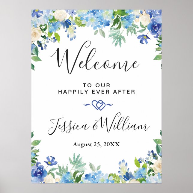 Poster Blue Hydrangea Greenery Chic Weding Welcome (Frente)