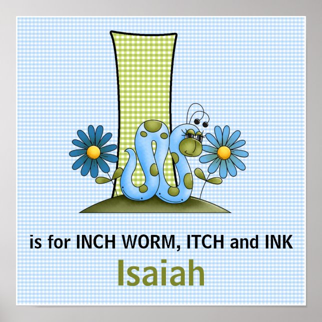 Poster Blue Inch Worm Monogram Letter I Baby Room (Frente)