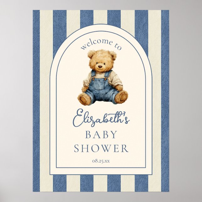 Poster Blue Jean Teddy Bear Baby Shower Welcome Sign (Frente)