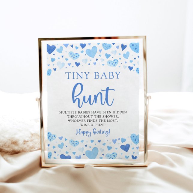 Poster Blue Little Swetheart Pequeno Jogo de Chá de Caça- (Watercolor Modern Cute Blue Hearts Valentine Sweetheart Boy Tiny Baby Hunt Baby Shower Game Sign)