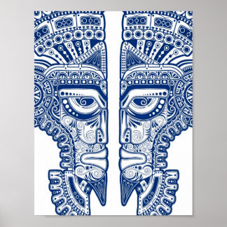 Pôster Blue Mayan Twins Mask Illusion on White